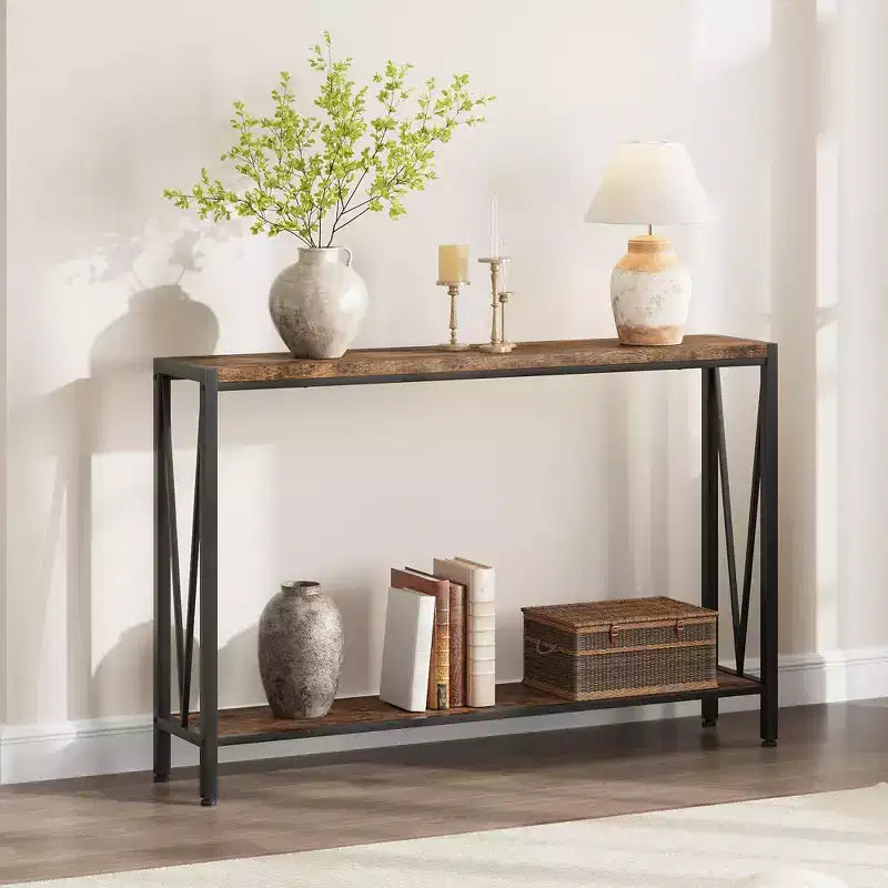 Console Table with Storage, Narrow Entryway Table C Rustic Side Table with Metal Frame for Hallway, Living Room, Bedroom