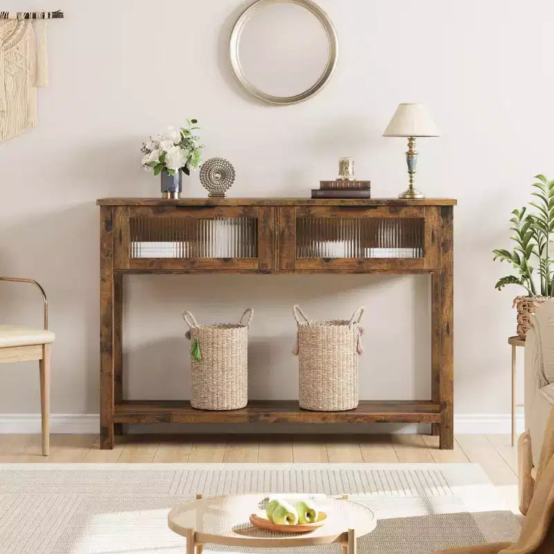 43 Entryway Table with Storage, 2 Tier Wood Console Table with 2 Glass Drawers & Open Storage Shelf for Living Room, Hallway, Foyer