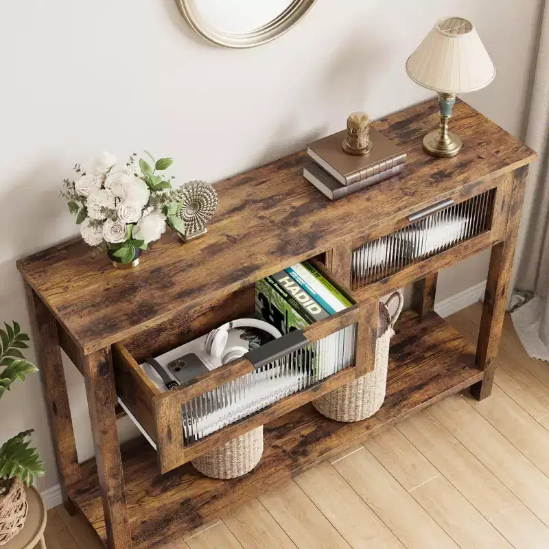 43 Entryway Table with Storage, 2 Tier Wood Console Table with 2 Glass Drawers & Open Storage Shelf for Living Room, Hallway, Foyer