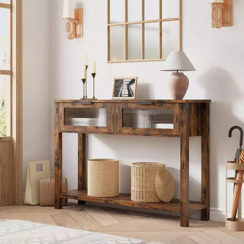 43 Entryway Table with Storage, 2 Tier Wood Console Table with 2 Glass Drawers & Open Storage Shelf for Living Room, Hallway, Foyer
