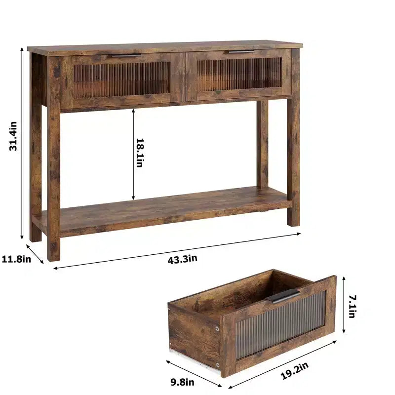 43 Entryway Table with Storage, 2 Tier Wood Console Table with 2 Glass Drawers & Open Storage Shelf for Living Room, Hallway, Foyer