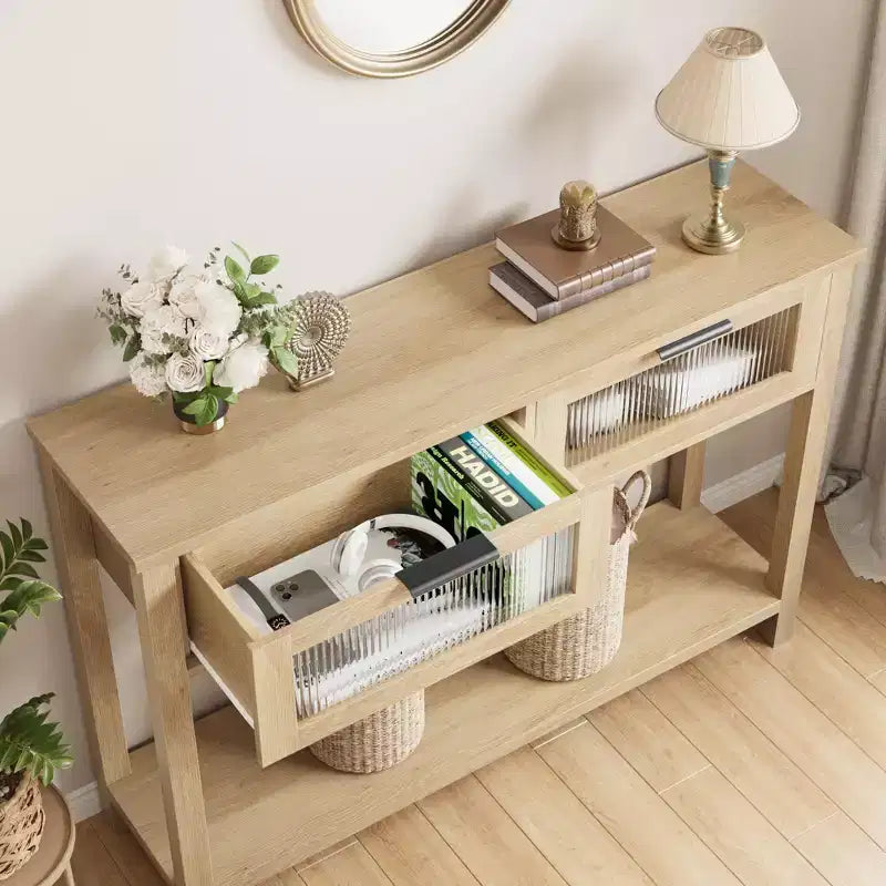 43 Entryway Table with Storage, 2 Tier Wood Console Table with 2 Glass Drawers & Open Storage Shelf for Living Room, Hallway, Foyer