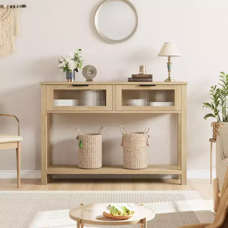 43 Entryway Table with Storage, 2 Tier Wood Console Table with 2 Glass Drawers & Open Storage Shelf for Living Room, Hallway, Foyer