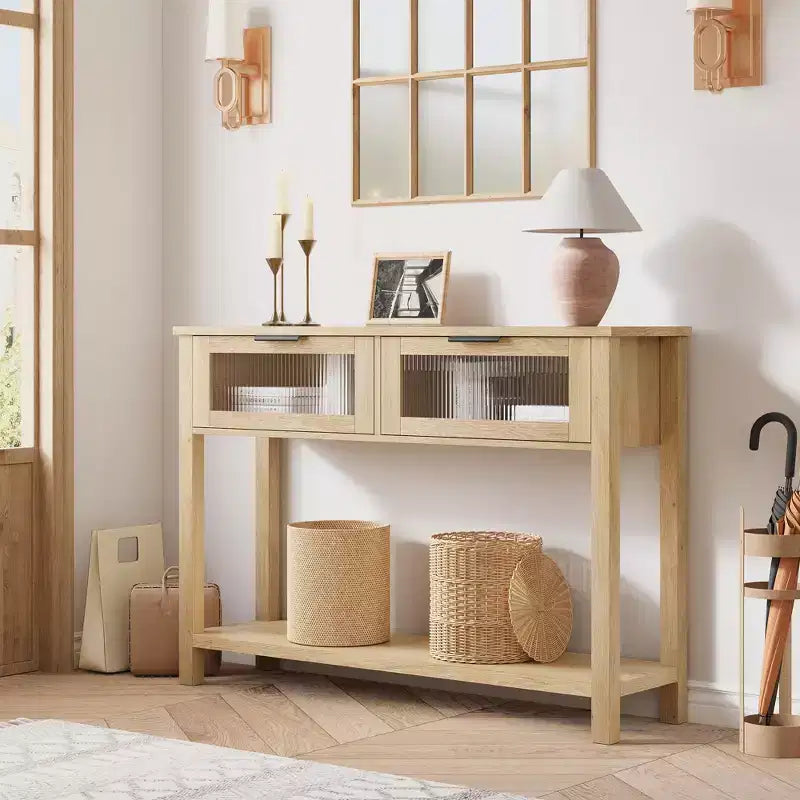43 Entryway Table with Storage, 2 Tier Wood Console Table with 2 Glass Drawers & Open Storage Shelf for Living Room, Hallway, Foyer