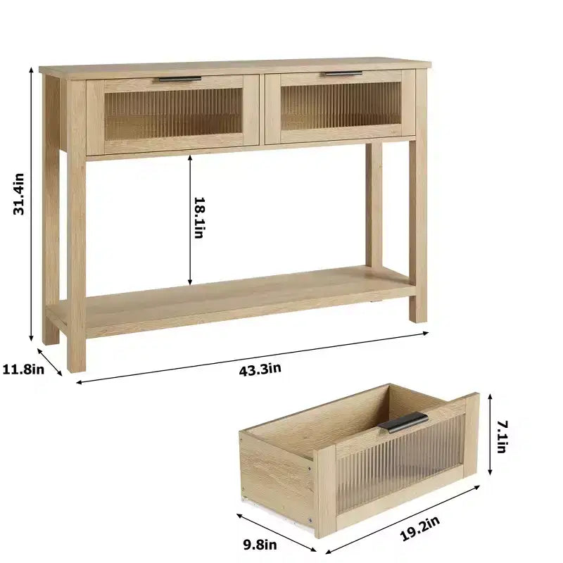 43 Entryway Table with Storage, 2 Tier Wood Console Table with 2 Glass Drawers & Open Storage Shelf for Living Room, Hallway, Foyer