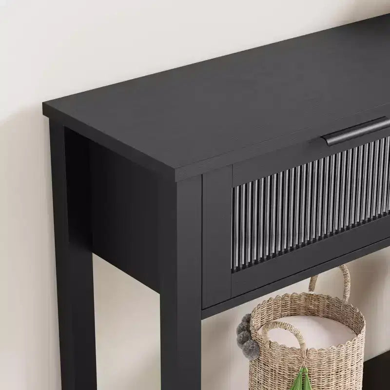 43 Entryway Table with Storage, 2 Tier Wood Console Table with 2 Glass Drawers & Open Storage Shelf for Living Room, Hallway, Foyer