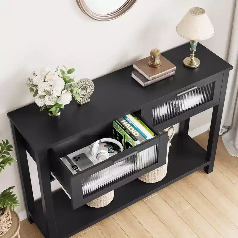 43 Entryway Table with Storage, 2 Tier Wood Console Table with 2 Glass Drawers & Open Storage Shelf for Living Room, Hallway, Foyer