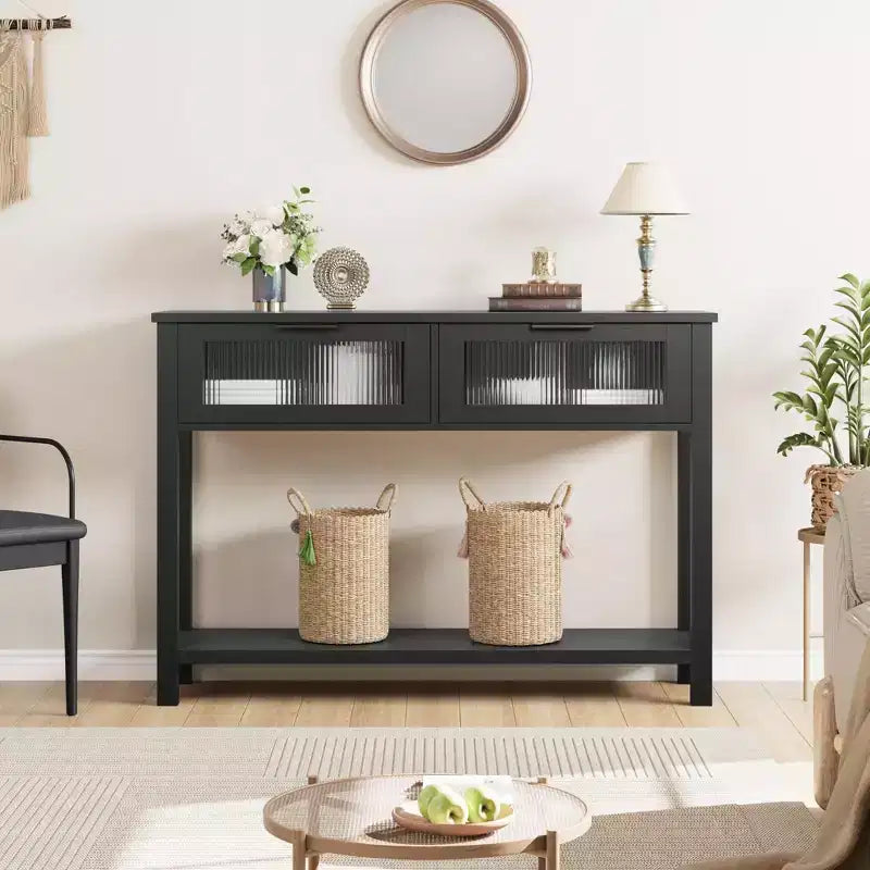 43 Entryway Table with Storage, 2 Tier Wood Console Table with 2 Glass Drawers & Open Storage Shelf for Living Room, Hallway, Foyer