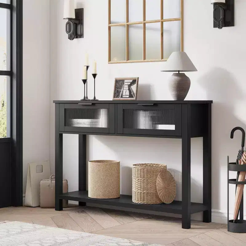 43 Entryway Table with Storage, 2 Tier Wood Console Table with 2 Glass Drawers & Open Storage Shelf for Living Room, Hallway, Foyer