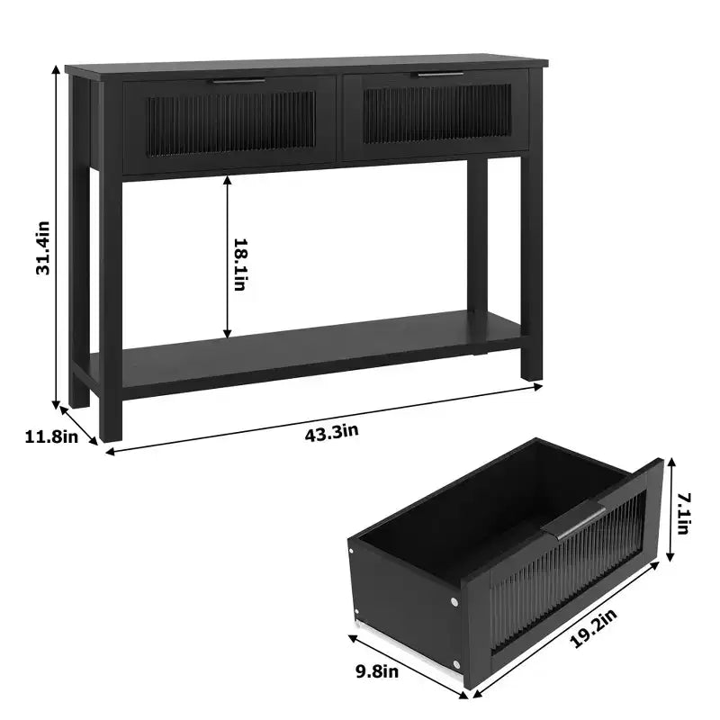 43 Entryway Table with Storage, 2 Tier Wood Console Table with 2 Glass Drawers & Open Storage Shelf for Living Room, Hallway, Foyer