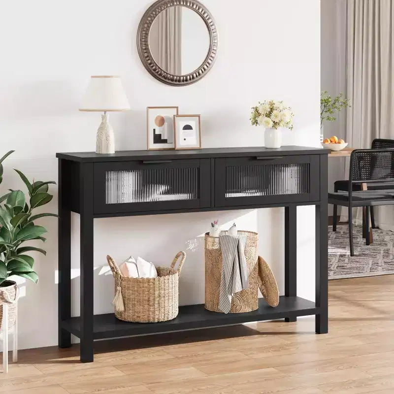 43 Entryway Table with Storage, 2 Tier Wood Console Table with 2 Glass Drawers & Open Storage Shelf for Living Room, Hallway, Foyer
