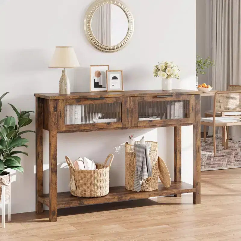 43 Entryway Table with Storage, 2 Tier Wood Console Table with 2 Glass Drawers & Open Storage Shelf for Living Room, Hallway, Foyer
