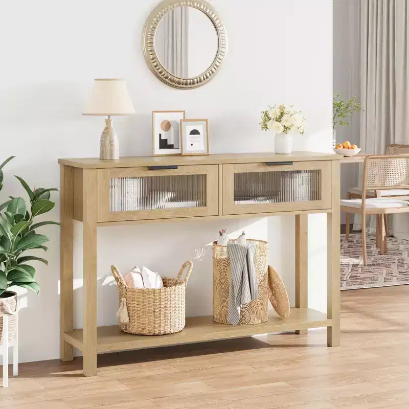 43 Entryway Table with Storage, 2 Tier Wood Console Table with 2 Glass Drawers & Open Storage Shelf for Living Room, Hallway, Foyer