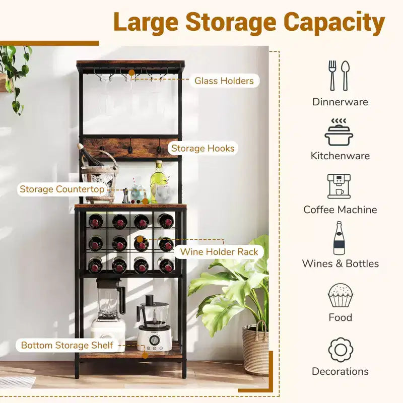 Wine Rack Freestanding Floor with Countertop Wine and Glass Holder Wine Shelf
