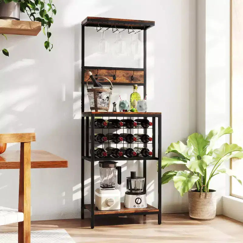 Wine Rack Freestanding Floor with Countertop Wine and Glass Holder Wine Shelf