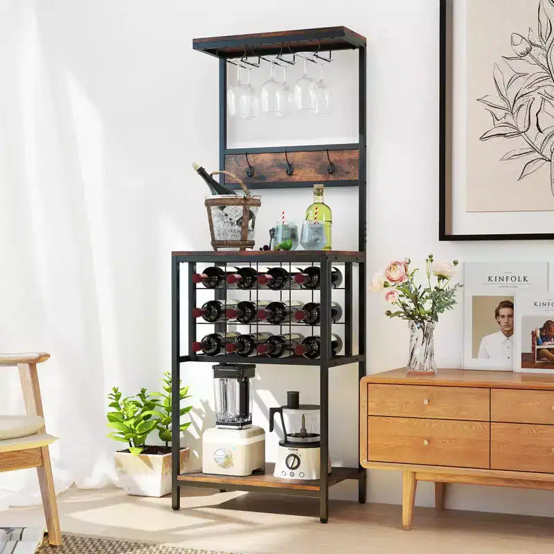 Wine Rack Freestanding Floor with Countertop Wine and Glass Holder Wine Shelf