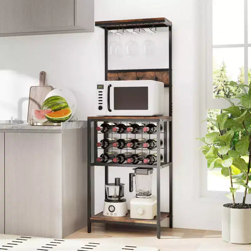 Wine Rack Freestanding Floor with Countertop Wine and Glass Holder Wine Shelf