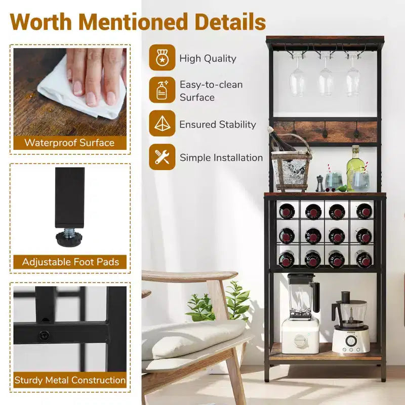 Wine Rack Freestanding Floor with Countertop Wine and Glass Holder Wine Shelf