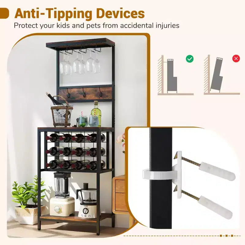 Wine Rack Freestanding Floor with Countertop Wine and Glass Holder Wine Shelf