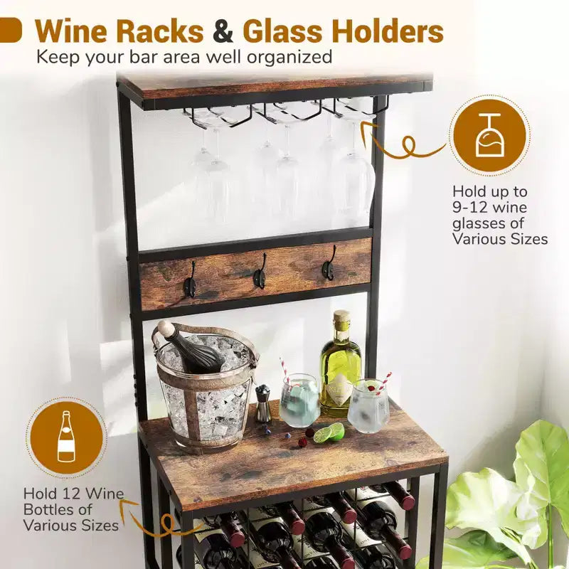Wine Rack Freestanding Floor with Countertop Wine and Glass Holder Wine Shelf