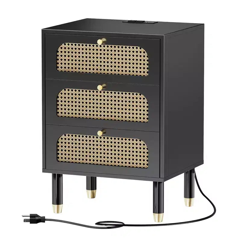 VINGLI Rattan Nightstand with Charging Station, 27 Tall Black Nightstand with 3 Drawers for Bedroom