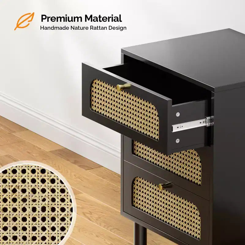 Rattan Nightstand with Charging Station, 27 Tall Black Nightstand with 3 Drawers for Bedroom
