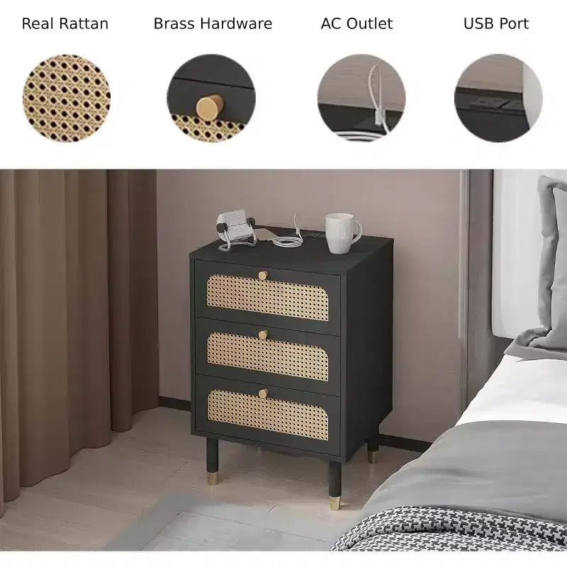 Rattan Nightstand with Charging Station, 27 Tall Black Nightstand with 3 Drawers for Bedroom