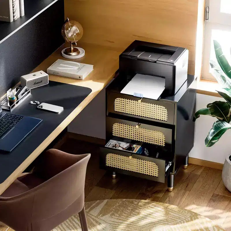 Rattan Nightstand with Charging Station, 27 Tall Black Nightstand with 3 Drawers for Bedroom