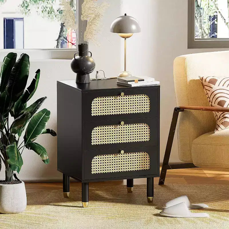 Rattan Nightstand with Charging Station, 27 Tall Black Nightstand with 3 Drawers for Bedroom