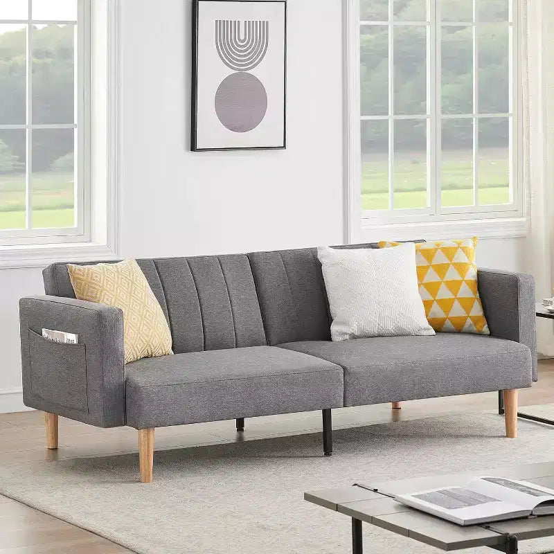 DobleePy Linen Convertible Sofa Bed, Adjustable Backrest Loveseat Sleeper with Side Storage Pocket, Easy Assembly