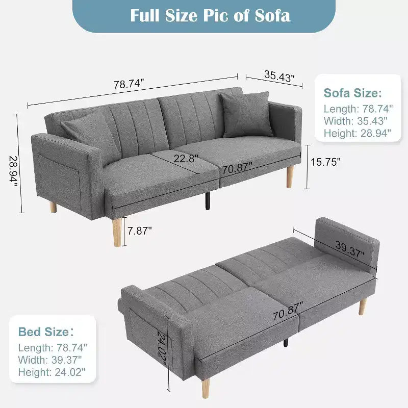 Linen Convertible Sofa Bed, Adjustable Backrest Loveseat Sleeper with Side Storage Pocket, Easy Assembly
