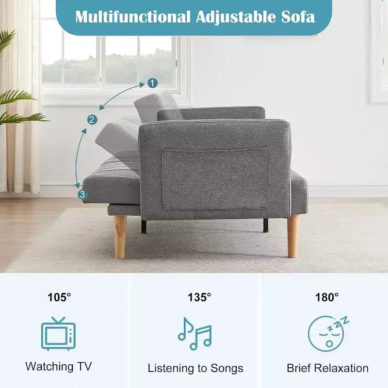 Linen Convertible Sofa Bed, Adjustable Backrest Loveseat Sleeper with Side Storage Pocket, Easy Assembly