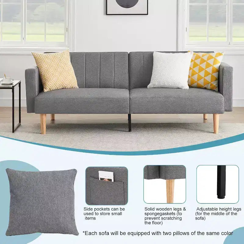 Linen Convertible Sofa Bed, Adjustable Backrest Loveseat Sleeper with Side Storage Pocket, Easy Assembly