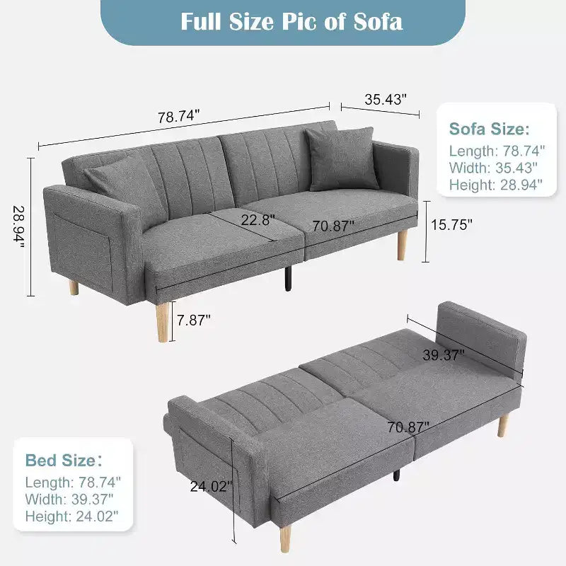 Linen Convertible Sofa Bed, Adjustable Backrest Loveseat Sleeper with Side Storage Pocket, Easy Assembly