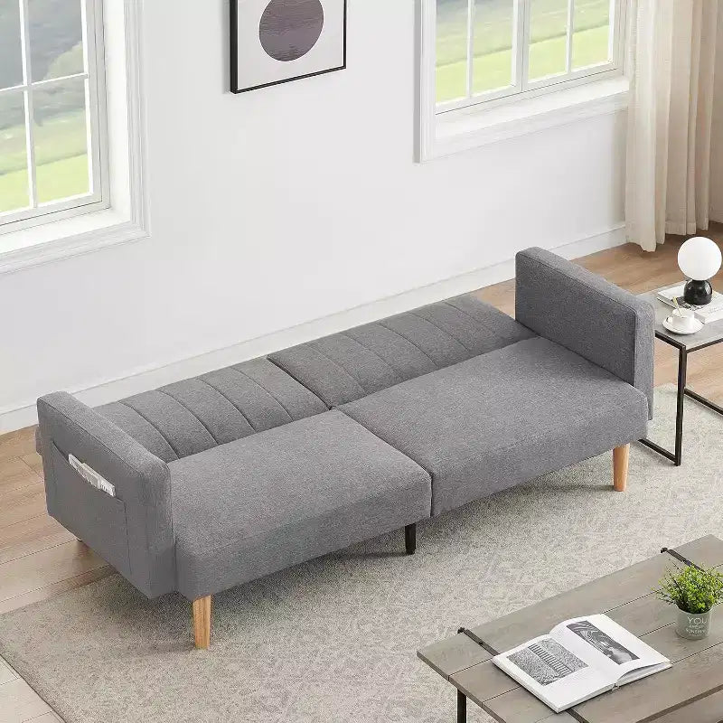 Linen Convertible Sofa Bed, Adjustable Backrest Loveseat Sleeper with Side Storage Pocket, Easy Assembly
