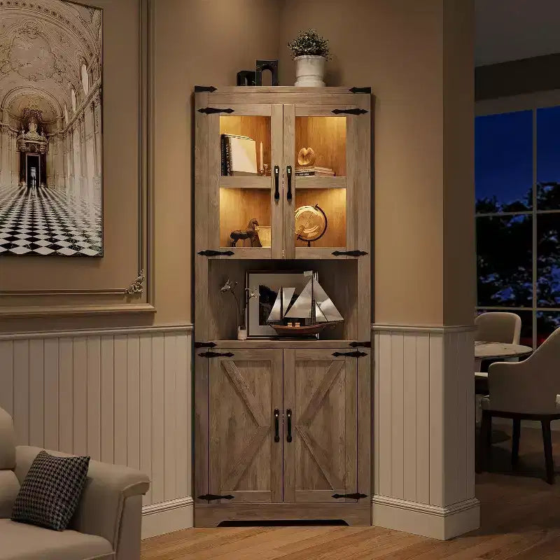 Tall Farmhouse Corner Storage Cabinet with Built-In Lights, Glass Door and Adjustable Shelves, Perfect for Living Room, Kitchen Organization