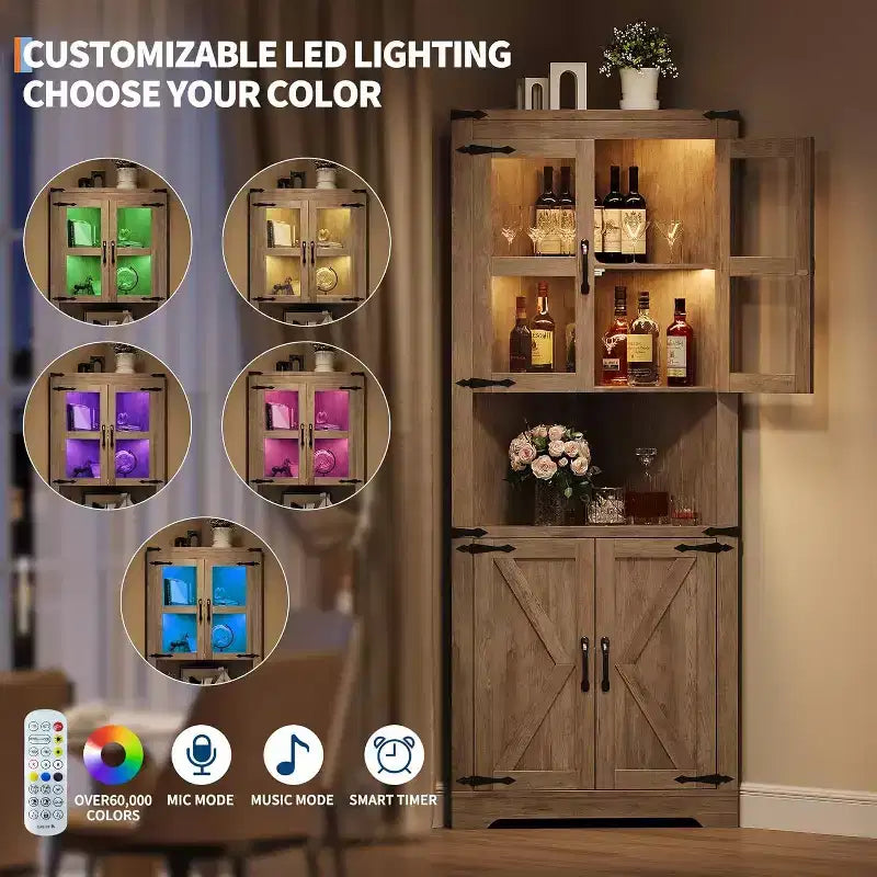 Tall Farmhouse Corner Storage Cabinet with Built-In Lights, Glass Door and Adjustable Shelves, Perfect for Living Room, Kitchen Organization