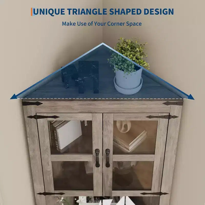 Tall Farmhouse Corner Storage Cabinet with Built-In Lights, Glass Door and Adjustable Shelves, Perfect for Living Room, Kitchen Organization