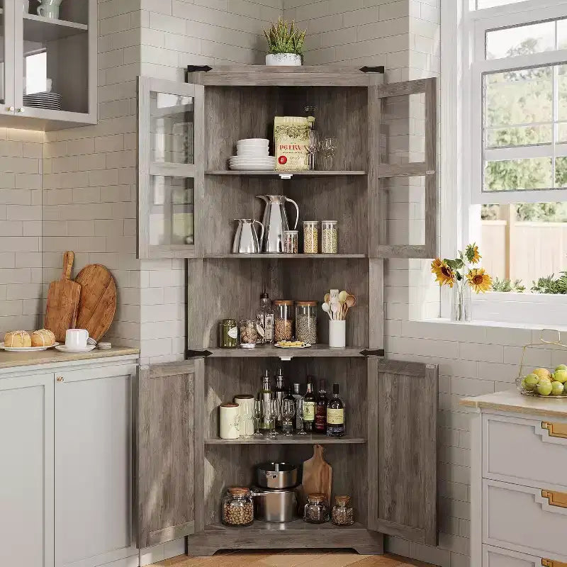 Tall Farmhouse Corner Storage Cabinet with Built-In Lights, Glass Door and Adjustable Shelves, Perfect for Living Room, Kitchen Organization