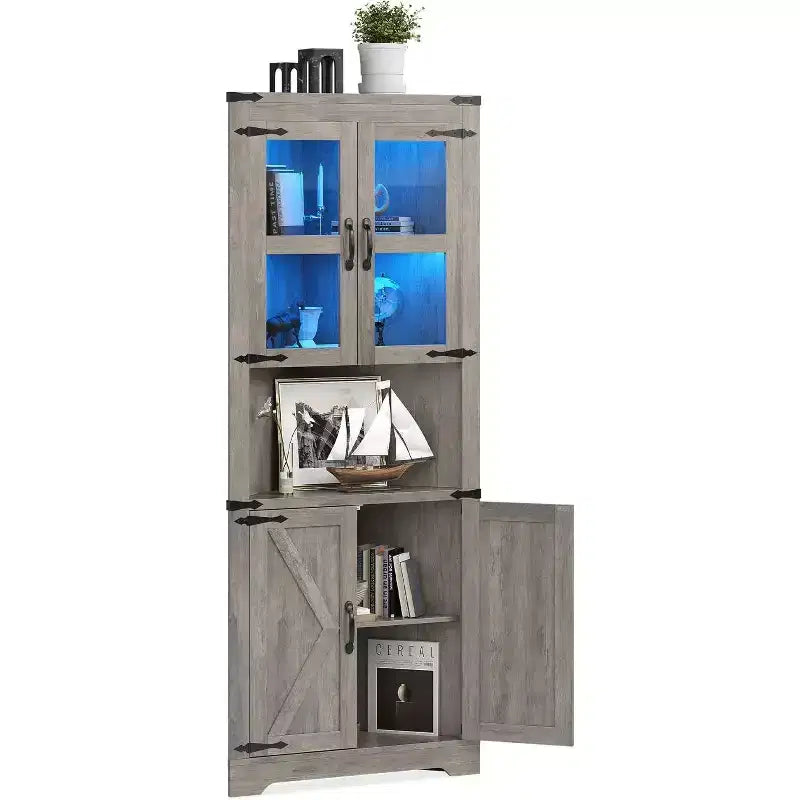 Tall Farmhouse Corner Storage Cabinet with Built-In Lights, Glass Door and Adjustable Shelves, Perfect for Living Room, Kitchen Organization
