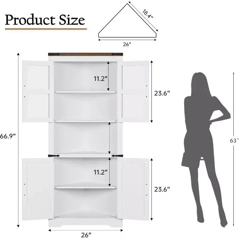 Tall Farmhouse Corner Storage Cabinet with Built-In Lights, Glass Door and Adjustable Shelves, Perfect for Living Room, Kitchen Organization