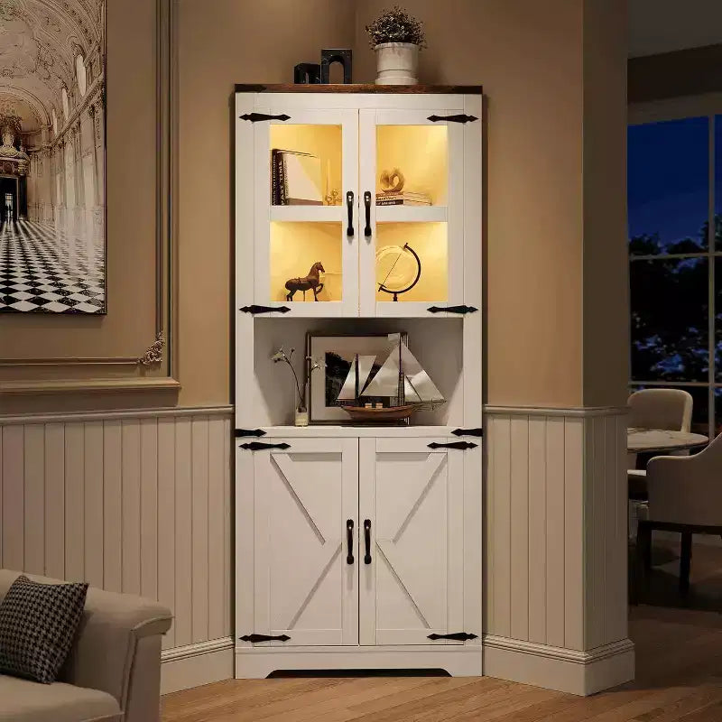 Tall Farmhouse Corner Storage Cabinet with Built-In Lights, Glass Door and Adjustable Shelves, Perfect for Living Room, Kitchen Organization