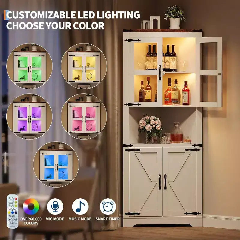Tall Farmhouse Corner Storage Cabinet with Built-In Lights, Glass Door and Adjustable Shelves, Perfect for Living Room, Kitchen Organization