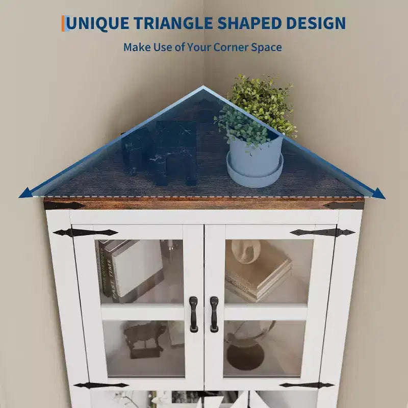 Tall Farmhouse Corner Storage Cabinet with Built-In Lights, Glass Door and Adjustable Shelves, Perfect for Living Room, Kitchen Organization