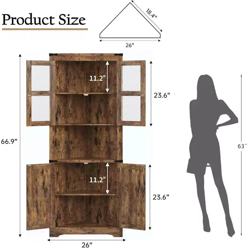 Tall Farmhouse Corner Storage Cabinet with Built-In Lights, Glass Door and Adjustable Shelves, Perfect for Living Room, Kitchen Organization