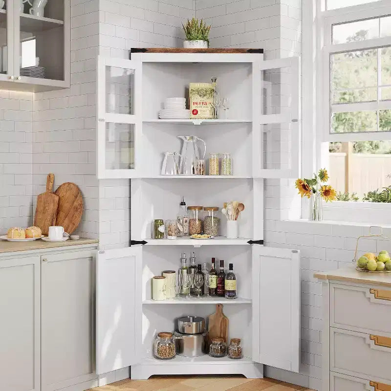 Tall Farmhouse Corner Storage Cabinet with Built-In Lights, Glass Door and Adjustable Shelves, Perfect for Living Room, Kitchen Organization