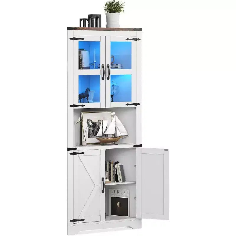 Tall Farmhouse Corner Storage Cabinet with Built-In Lights, Glass Door and Adjustable Shelves, Perfect for Living Room, Kitchen Organization