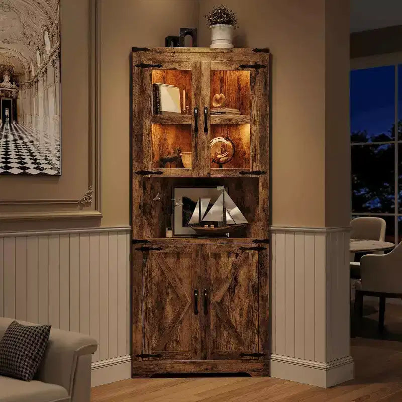 Tall Farmhouse Corner Storage Cabinet with Built-In Lights, Glass Door and Adjustable Shelves, Perfect for Living Room, Kitchen Organization