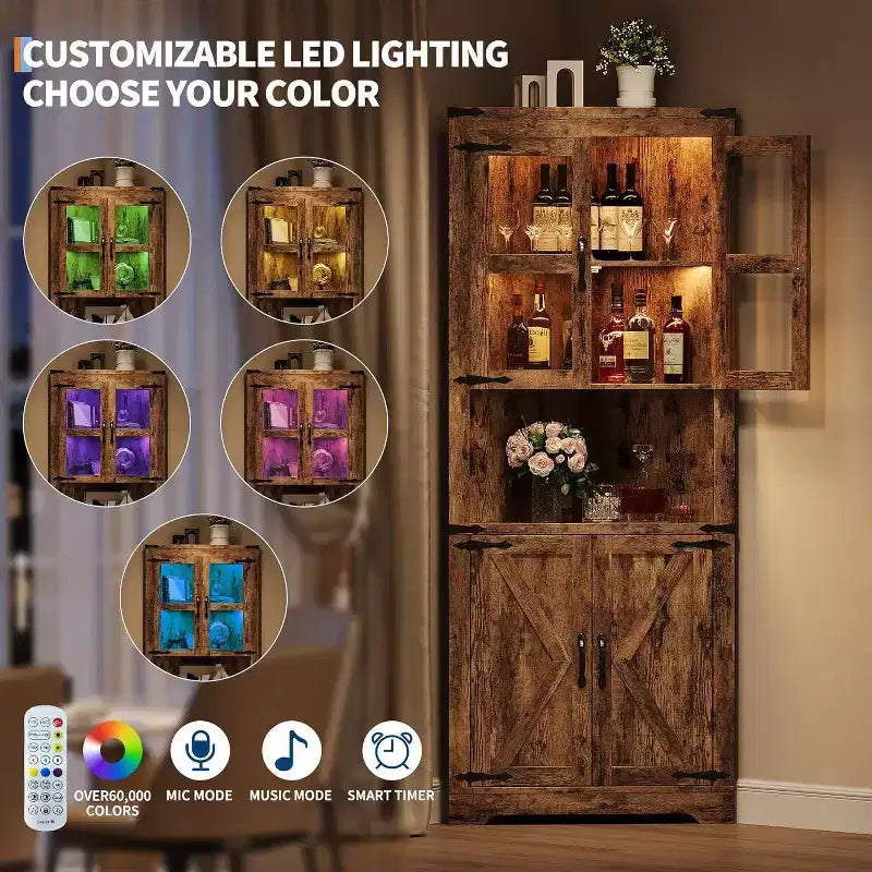 Tall Farmhouse Corner Storage Cabinet with Built-In Lights, Glass Door and Adjustable Shelves, Perfect for Living Room, Kitchen Organization