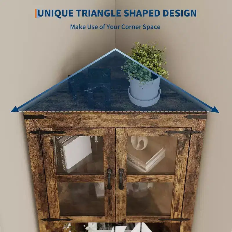 Tall Farmhouse Corner Storage Cabinet with Built-In Lights, Glass Door and Adjustable Shelves, Perfect for Living Room, Kitchen Organization